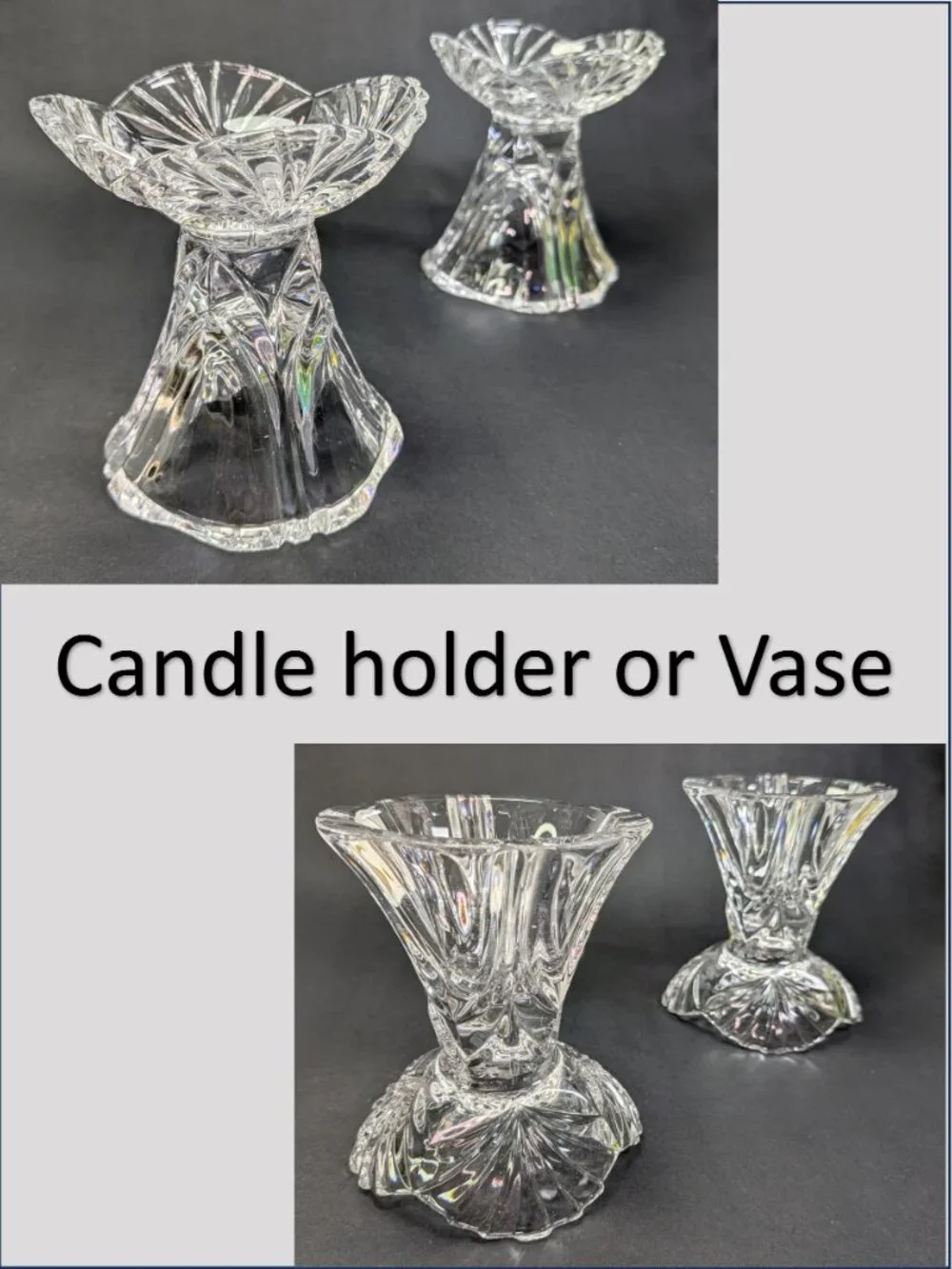 VTG 60s Crystal Reversible Candle Holders Dual Taper Rose Bowl Set of 2 Rings